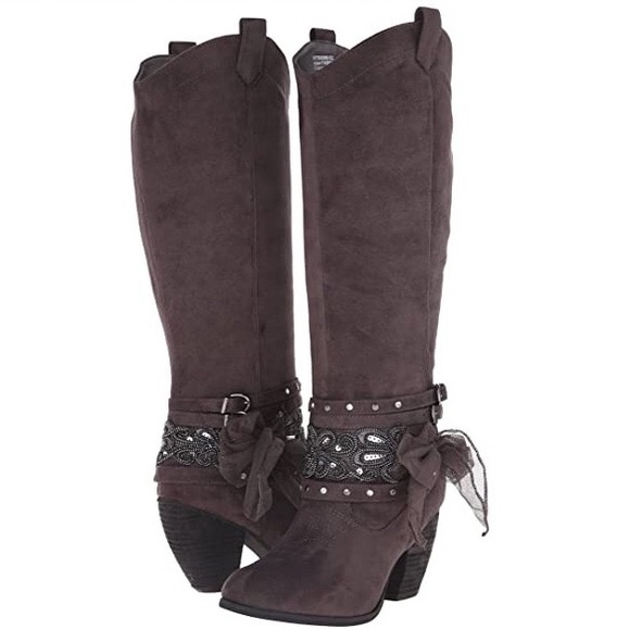Not Rated Knee High Boots Grey Rhinestone Embellished Boots Size 6.5 - Picture 1 of 9